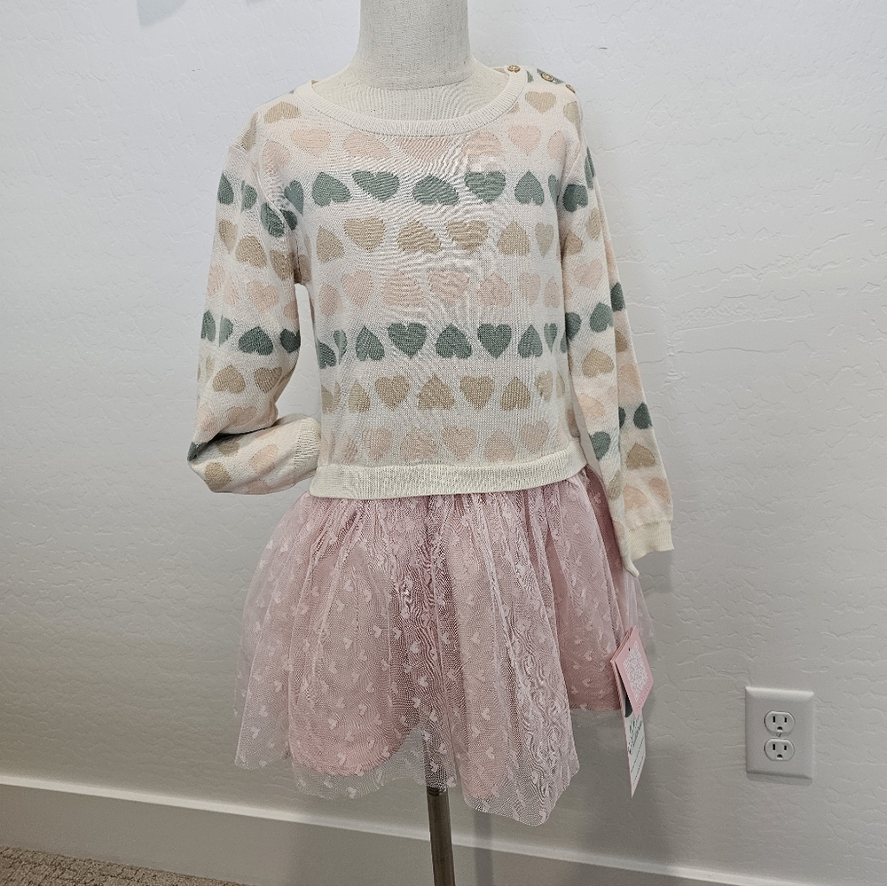 NWT Rare Editions Heart Print Sweater Dress Ballet Pink Girls Size 4 & 5 Left